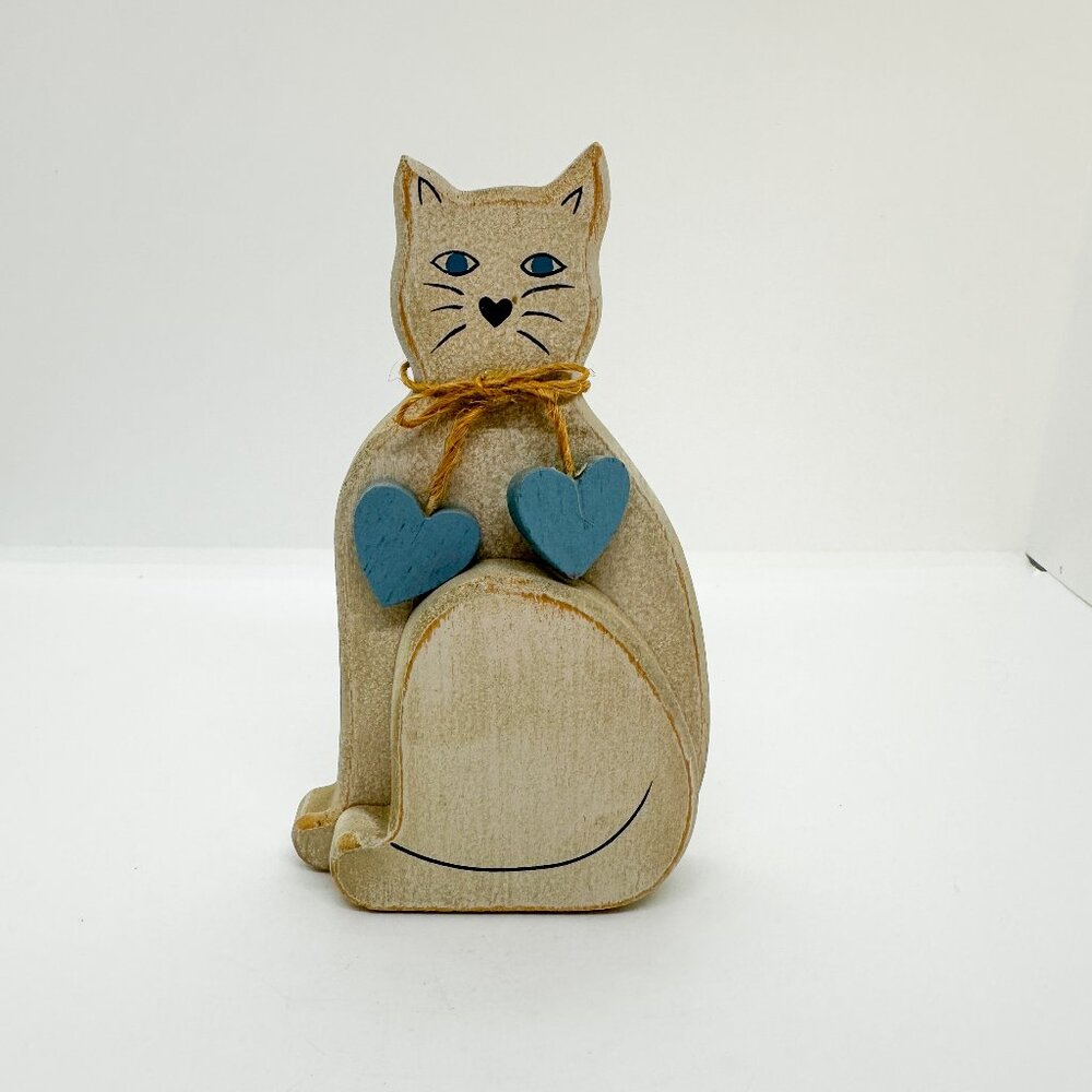 SOLD Vintage Handmade Wood Cat Painted Cottagecore Country Farm Hearts